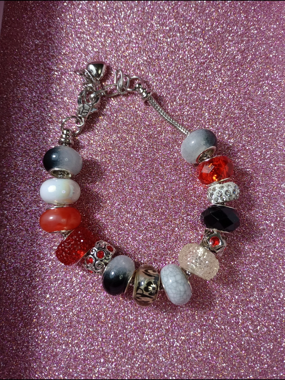 Pandora Style Red, Gray and Black Silver tone Bead Bracelet - Women Jewelry